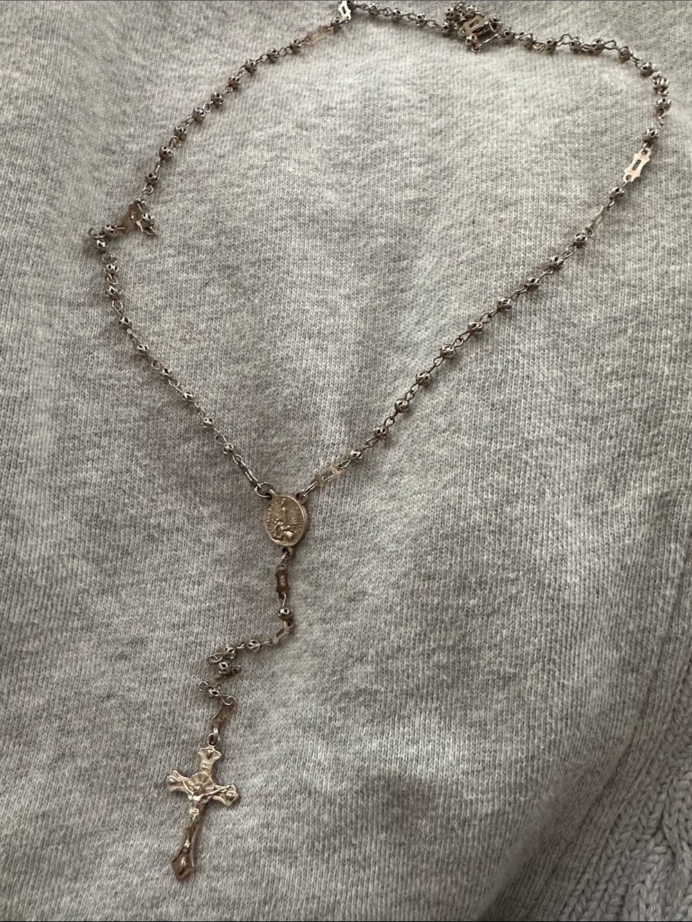 Delicate Silver-Tone Rosary Necklace with Crucifix